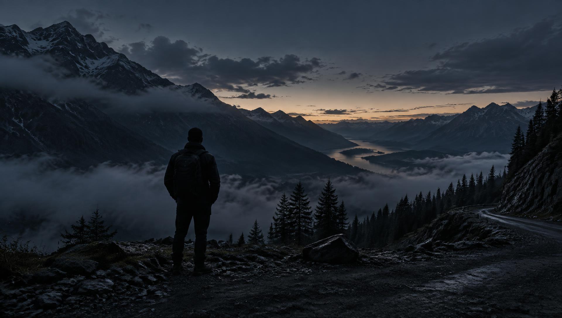 A lone figure seen from behind at the edge of a mountain road at dawn